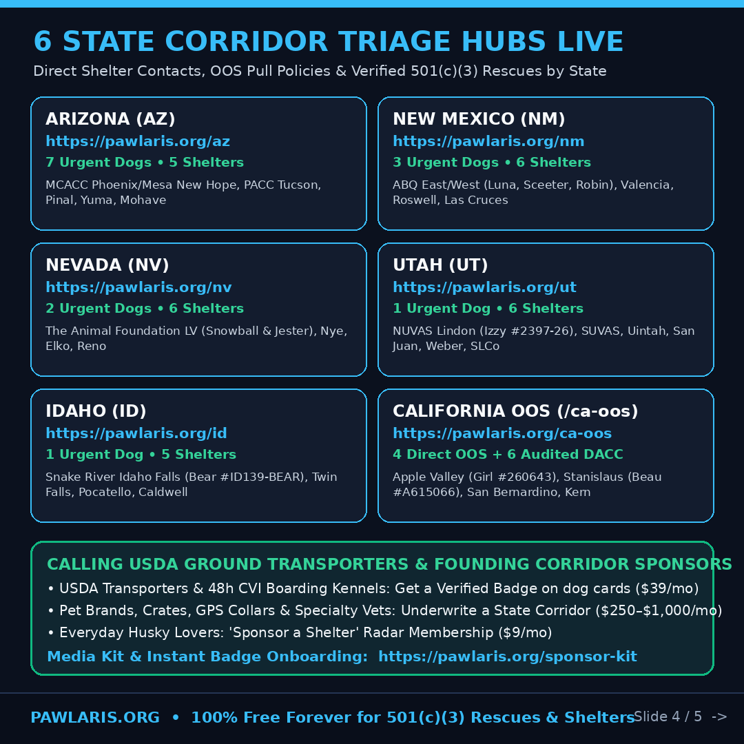 Slide 4 — 6 State Corridor Hubs (/az, /nm, /nv, /ut, /id, /ca-oos) & Transport/Sponsor Call